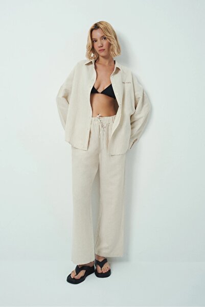 Wear Three Points Bağcıklı Keten Pantolon Yüksek Bel Cepli Straight Fit - LYNA