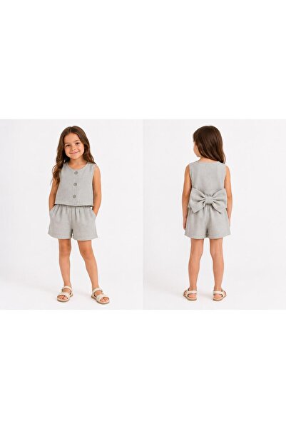 Kidscocuk Girl's Bow Detailed Vest Shorts Set Muslin Linen Double Pocket Summ...