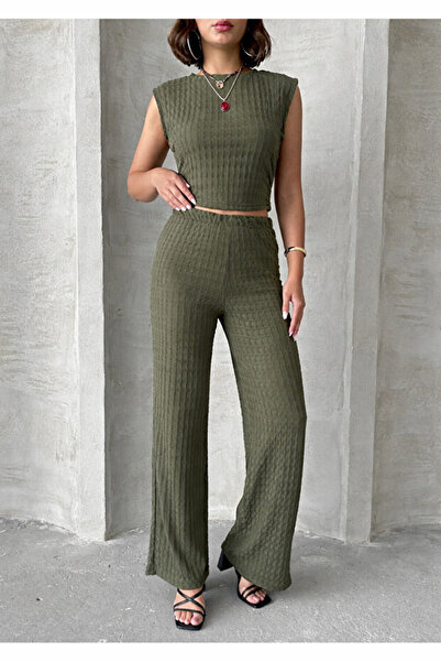 ÇEÇİM Women's Wrinkled Textured Sleeveless Blouse & Wide-Leg Pants Set Nsa-58084