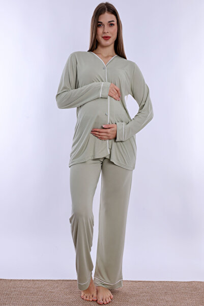 ByLohusa Adjustable Waist Detailed Maternity Pajama Set with Breastfeeding Fe...