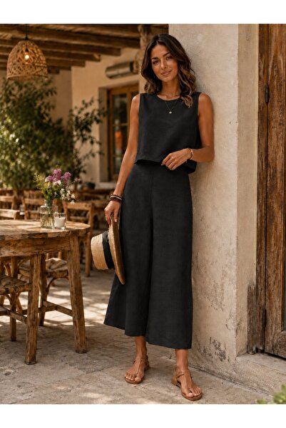unika boutique Γυναικείο Παντελόνι με φαρδιά μπατζάκια και Μπλούζα από ύφασμα...