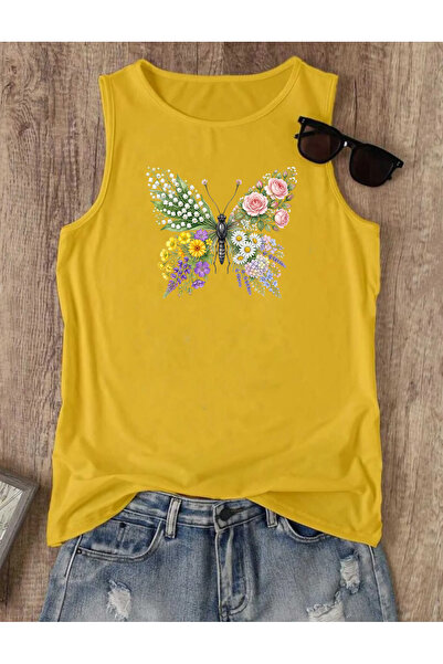 SUNFREE Flower Winged Butterfly Printed Regular Sleeveless Athlete Crew Neck ...