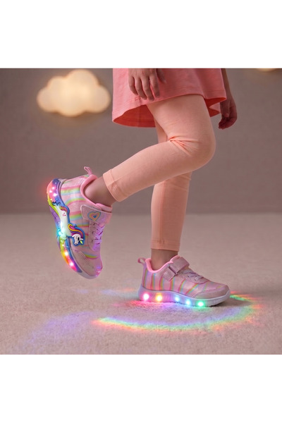 Papuctime Kız Çocuk Unicorn Figürlü Gökkuşağı Desenli Cırt Cırtlı Spor Ayakkabı