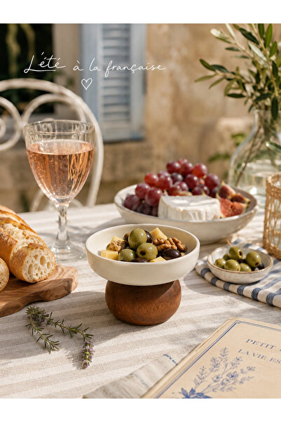 Beige & Stone Ceramic Presentation Bowl with Wooden Stand 11.5 cm Snack Bowl ...
