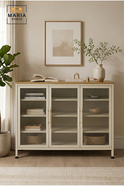 MARIA HOMES Modern Metal Sideboard Cabinet with Fluted Glass Doors – Contempo...
