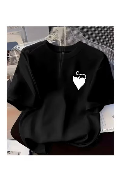 Massgai Tricou oversize unisex cu imprimeu Heart Cat, 100% bumbac
