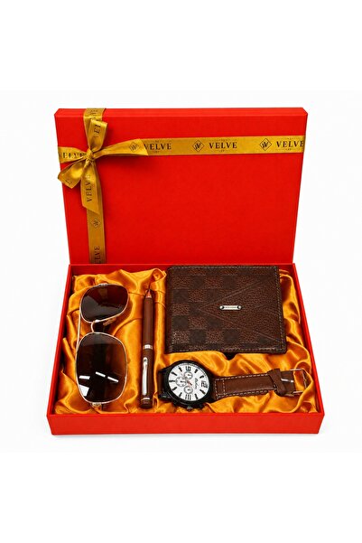 velve Set premium barbati ,cu portofel din piele maro,ceas,ochelari de soare ...