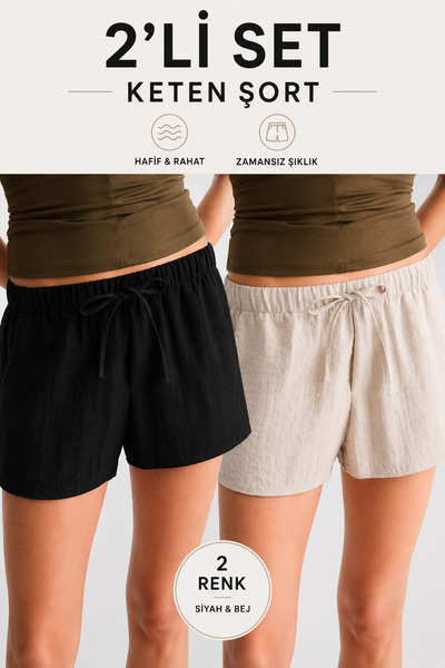 moda armanc Set de 2 pantaloni scurți pentru femei, din amestec de in