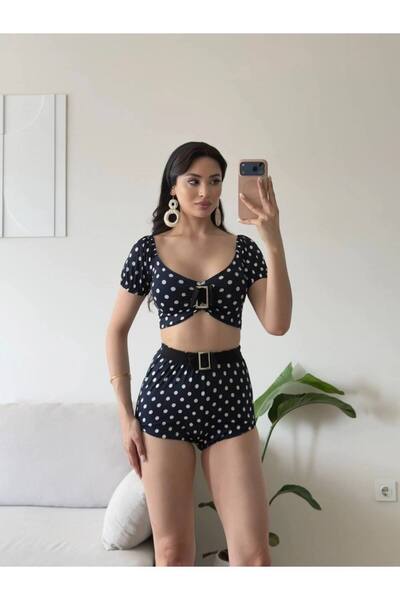 TİENDEROPA Kadın Lacivert Puantiyeli Yüksek Bel Kemerli Bikini Takımı Şortlu ...