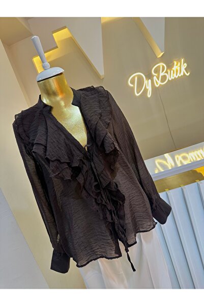 shop Kahve Önü fırfır detaylı transparan bluz