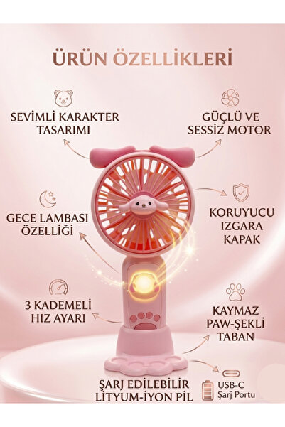 Fan Cinnamoroll Karakterli Pati Stantlı Işıklı Taşınabilir El ve Masa Vantila...