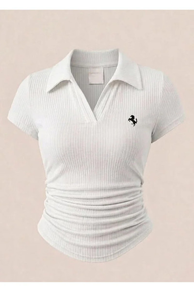 Violon White Vintage Embroidery Detailed Draped Polo Collar Lycra Blouse