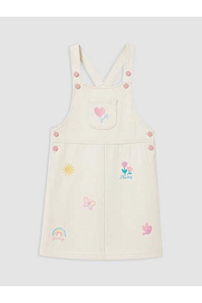 LC Waikiki Ecru Embroidered Girls' Salopet Dress