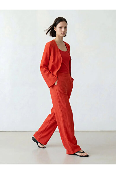 LC Waikiki Red Textured Women's Trousers with Elastic Waist