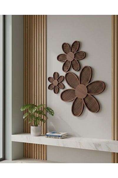 ih ihra 3'lü Rattan Görünümlü Dekoratif Çiçek Duvar Süsü Seti - Modern Ahşap ...