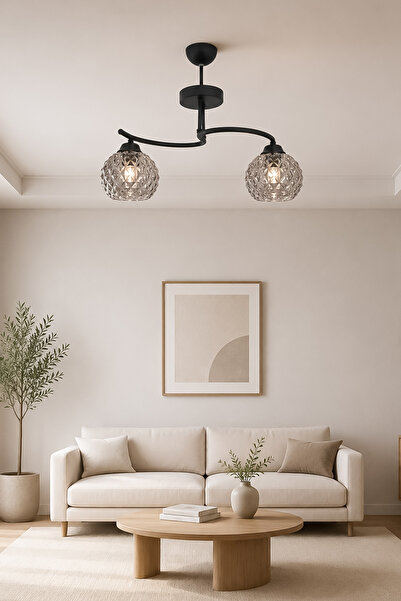 Fer Avize Fuji Modern Kabartma Camlı Dekoratif 2'li Avize Salon Yatak Odası M...