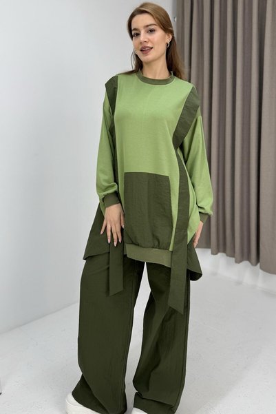 Raneel Kazançlı Alışveriş Women's green two-tone tracksuit set with trim