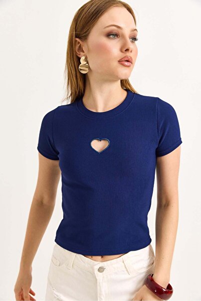 Raneel Kazançlı Alışveriş Heart Detailed Ribbed Knitted Blouse Navy Blue