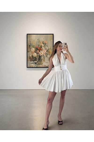 Myra Halter Neck Draped Mini Dress with Gold Detail - White