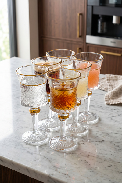 çarşıdayız Asri Set of 6 Gold Gilded Footed Coffee and Water Glasses 160 Cc |   Glass Presentation Cup Set