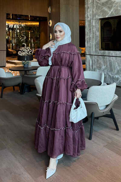 İmajButik Plum Balloon Sleeve Waist Tie Dress