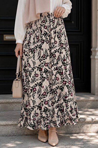 İmajButik Green Patterned Viscose Skirt with Elastic Waist