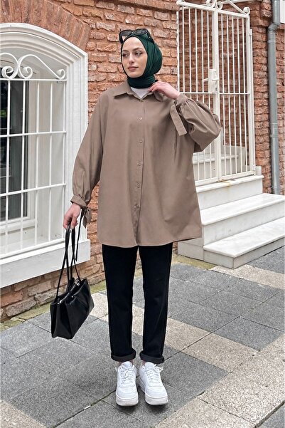 lamelif Sleeve Detailed Shirt Oversize Shirt Soft Brown