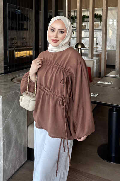 İmajButik Brown Lace Detailed Balloon Sleeve Muslin Tunic