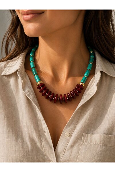 BIJUTERI Burgundy / Red Disc Beaded Design Necklace