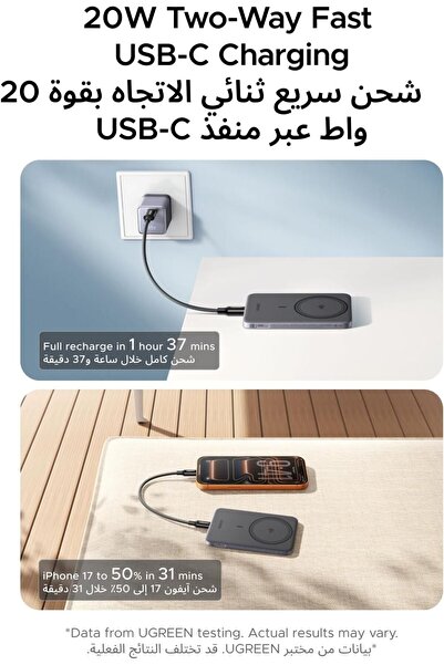 Ugreen Magsafe Power Bank 5000mAh, Ultra-Slim Qi2 15W Wireless, PD 20W Fast Charging, Grey