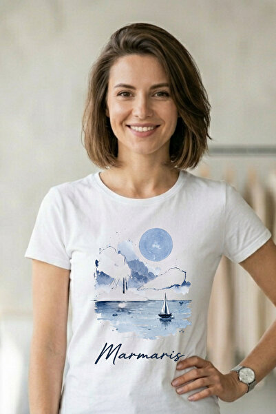 Baran Işık Marmaris Sailing and Moon Themed Watercolor Printed Unisex White T...