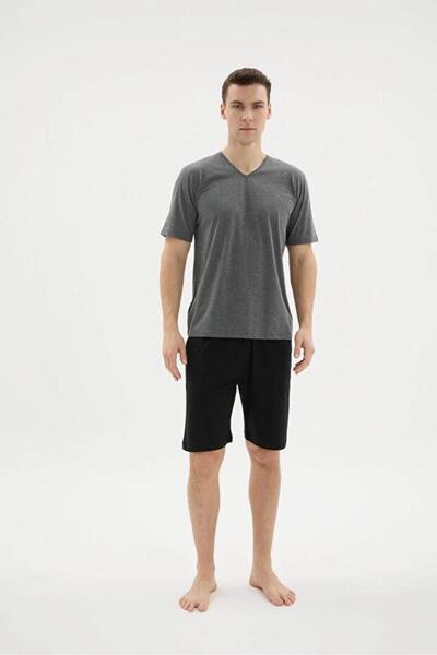 KLY PİJAMA Kly 26219 Men's 100% Cotton V-Neck Half Sleeve Pocket Shorts Set