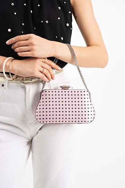 Lebibe Shoes Τσάντα Clutch από ροζ σατέν ύφασμα POLKIA με μοτίβο πουά, λουράκ...
