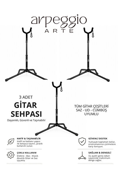arpeggio ARTE Suport pentru chitară, 3 bucăți - Compatibil cu chitară electri...