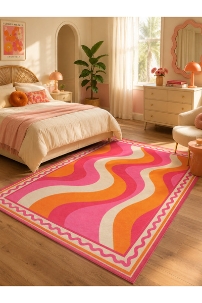 Homeilla Retro Dalga Desenli Pembe Turuncu Dekoratif Halı