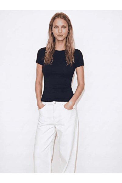 Coredra Crew Neck Knitted Slim Fit T-Shirt Black - C530