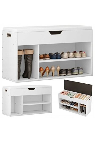 Muvu Pantofar cu bancă deschisă din lemn scandinav, 3 rafturi, alb, 80cm