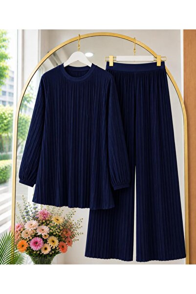 MODA VEDAT Ženski set pantalona od plisirane tkanine sa detaljima u boji slat...