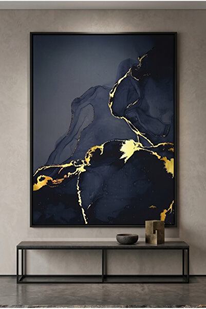 Jasmine Art Blue and Gold Abstract Wall Art | Framed Canvas Print with Gold F...