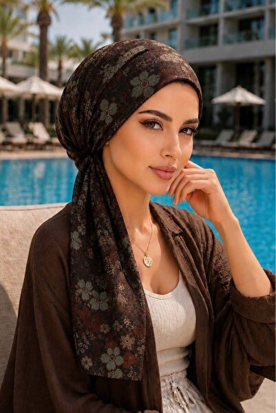 Aişe tesettür Coffee Green Patterned Scarf Bonnet