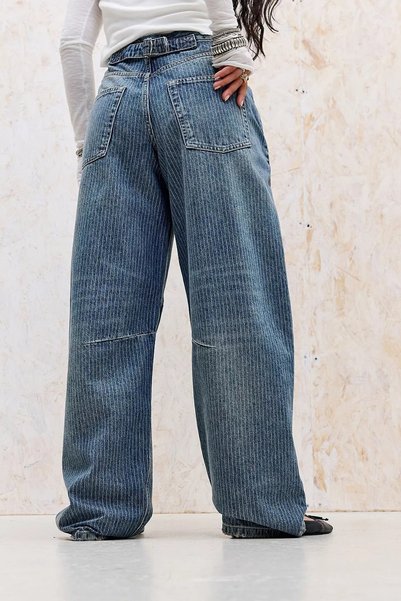 september island Dari Vintage Striped Smoky Blue Color Boyfriend Baggy Denim Jeans