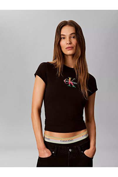 Calvin Klein Women's Slim Fit Round Neck Cotton Ck Logo Printed Short Sleeve ...