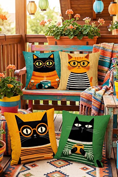 EVPANYA Set de 4 huse de pernă cu model pisici cu ochelari
