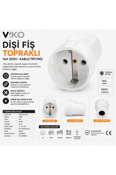 VİKO Dişi Fiş Topraklı 16A 250V Kablo Tipi Priz Güvenli Kullanım