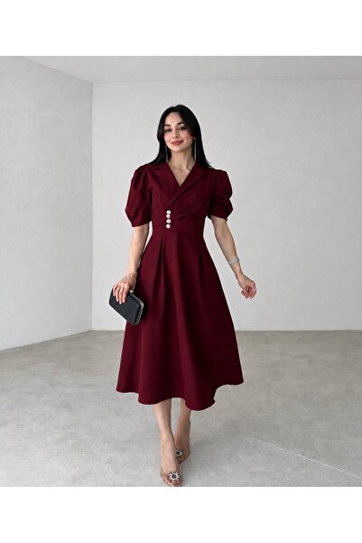 Afiş Butik Double Breasted Neckline Stone Detailed Draped Midi Dress