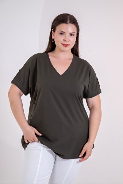 Roxxlen Women's Plus Size V-Neck Blouse with Sleeve Epaulettes