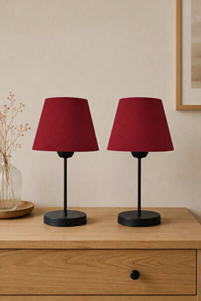 Eslight Modern İskandinav Tarz 2'li Set Siyah Ayak Masa Lambası Bordo Renk Ab...