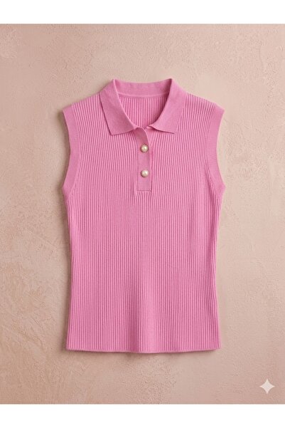 SARE MAISON Standard Size, Pearl Button Detail, Polo Collar Sleeveless Ribbed...