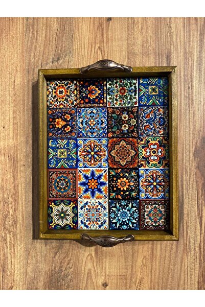 ColorCraft AHŞAP ÇERÇEVELİ MODERN DESENLİ SERAMİK YÜZEYLİ KAHVE, SUNUM TEPSİ