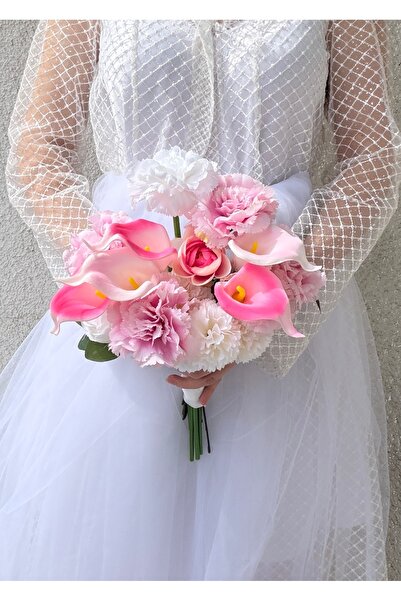 DUGİNA Pembe Gala Beyaz Karanfil Şakayık Gelin Buketi Nişan Damat Yaka Çiçeği...